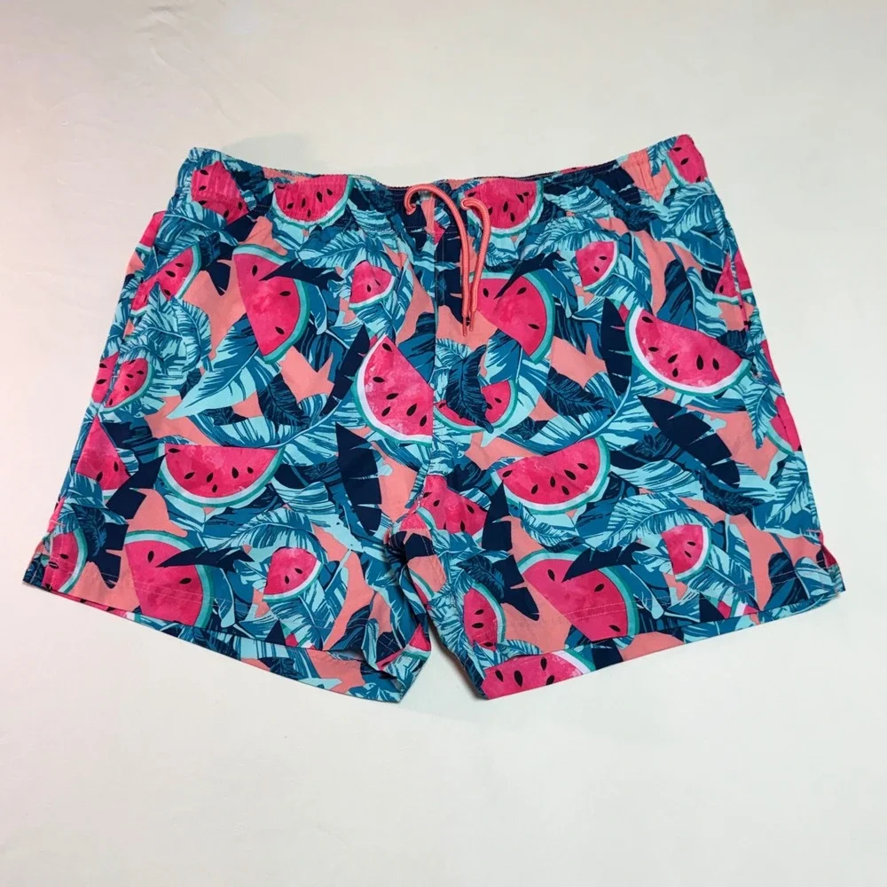 Mens Tropical Watermelon Print Swim Trunks Y2K Beachcore Summer Swim Shorts Pink